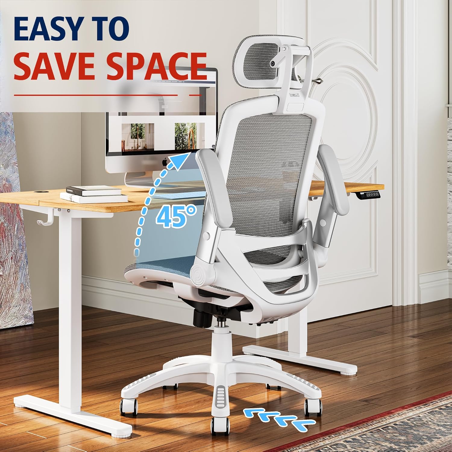 GABRYLLY Ergonomic Office Chair, High Back Home Desk Chair with Headrest, Flip-Up Arms, 90-120° Tilt Lock and Wide Cushion, Big and Tall Mesh Chairs for Man Woman, Grey Task Chair