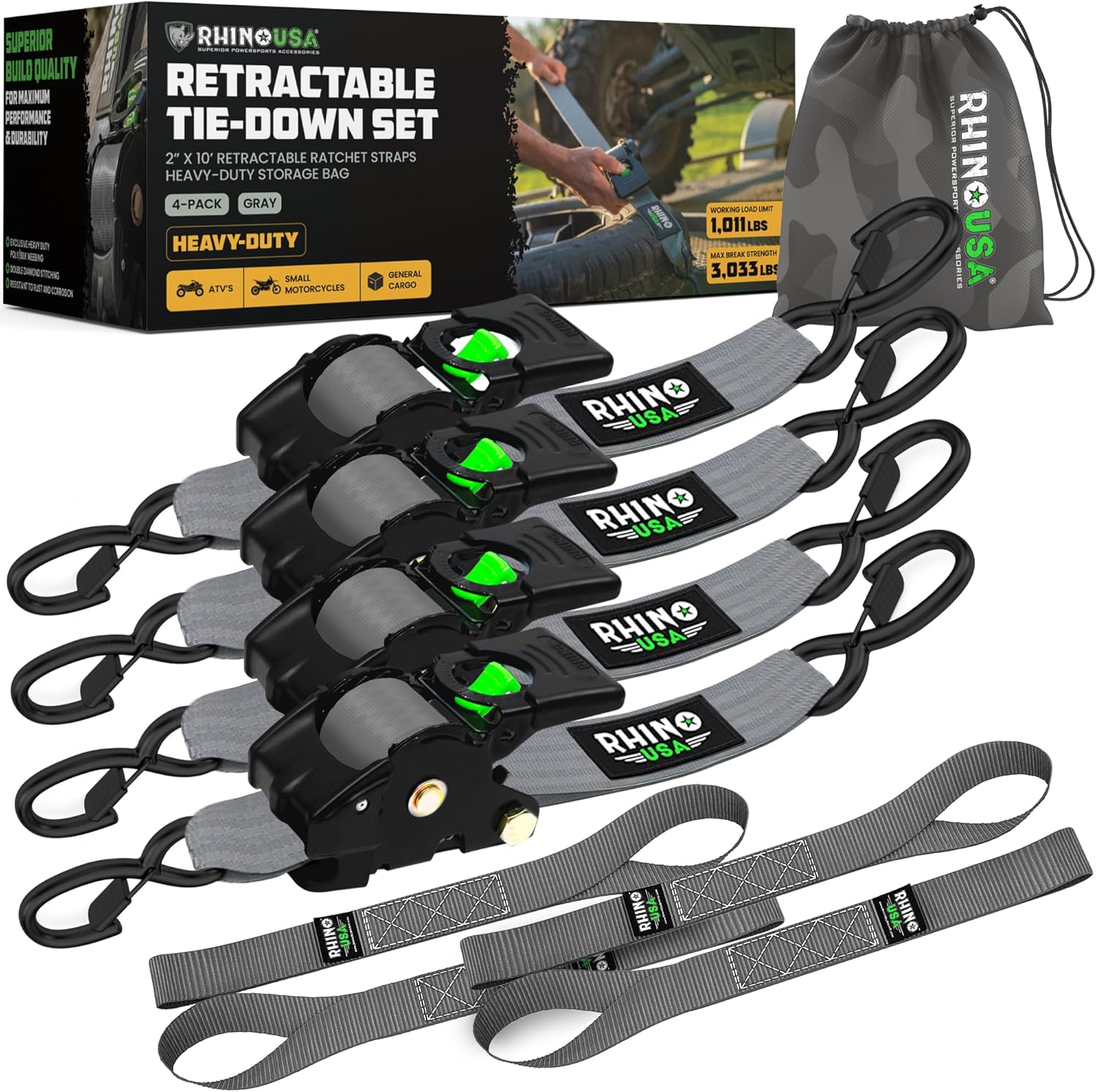 Rhino USA Retractable Ratchet Straps (2-Pack) - 2 Inch x 10 Feet (3,033lb Break Strength) - Heavy Duty Auto Self Retracting Tie Down Straps for Truck, Cargo Trailer, Motorcycle, Rad & More - Black