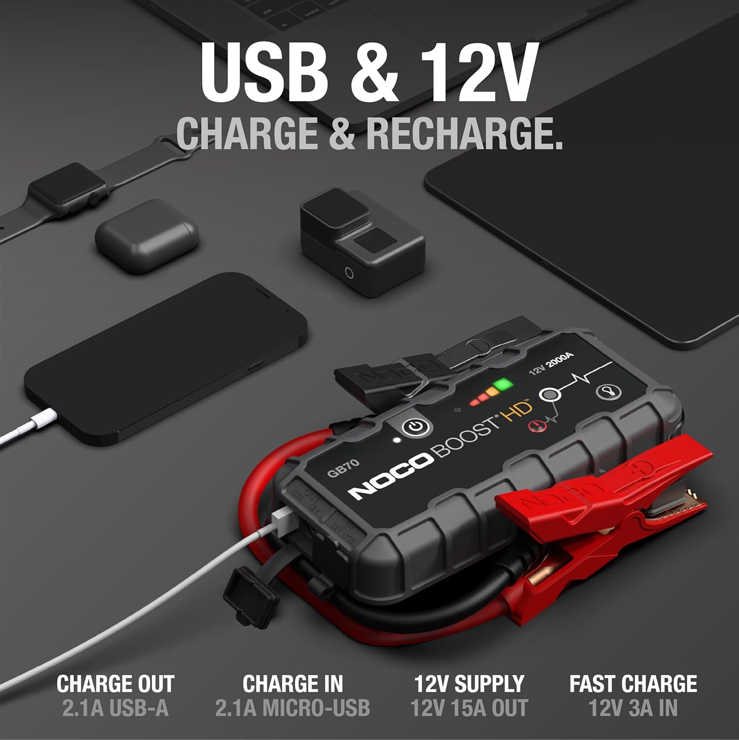 NOCO Boost HD GB70 2000A UltraSafe Car Battery Jump Starter, 12V Battery Booster Pack, Jump Box, Portable Charger and Jumper Cables for 8.0L Gasoline and 6.0L Diesel Engines