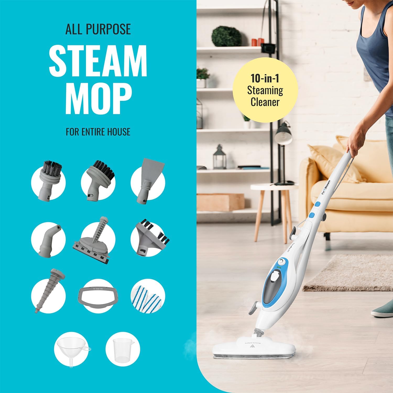 PurSteam ScrubMaster Steam Mop with Dual Scrubbing Head, LED Headlights, Adjustable Steam Control, Anti-Slip Swivel Head, Cable Holder & Upright Lock