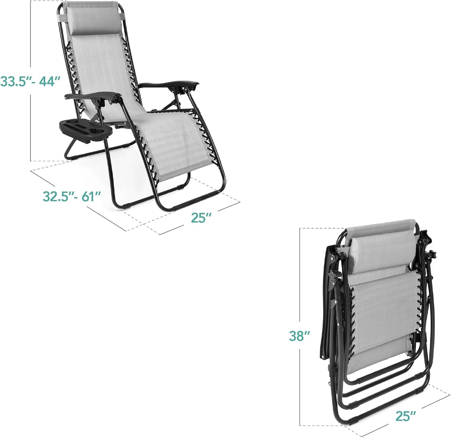 Best Choice Products Set of 2 Adjustable Steel Mesh Zero Gravity Lounge Chair Recliners w/Pillows and Cup Holder Trays - Beige