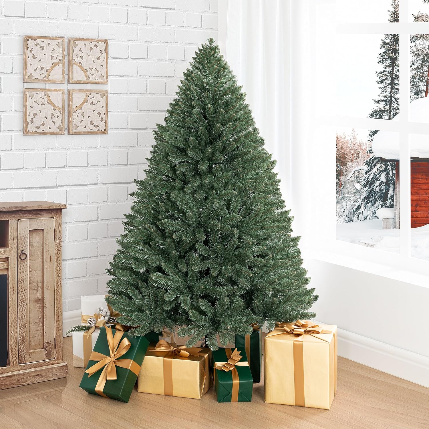 Naomi Home 6.5ft Rustic Christmas Tree with Lights, Realistic Classic Prelit with 2595 Branch Tips, 600 Warm Lights and Metal Stand, Aritificial Tree