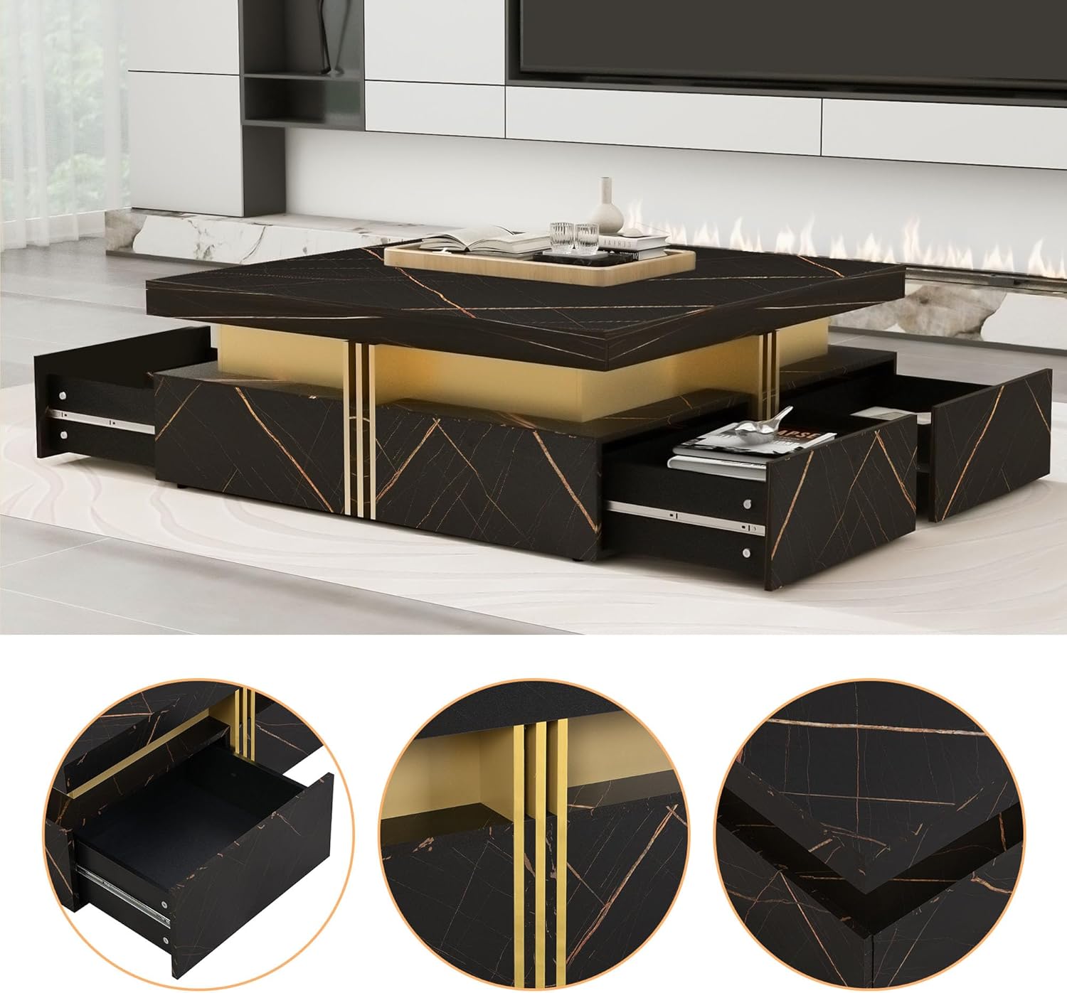 Modern White Square Storage Coffee Table with 4 Drawers