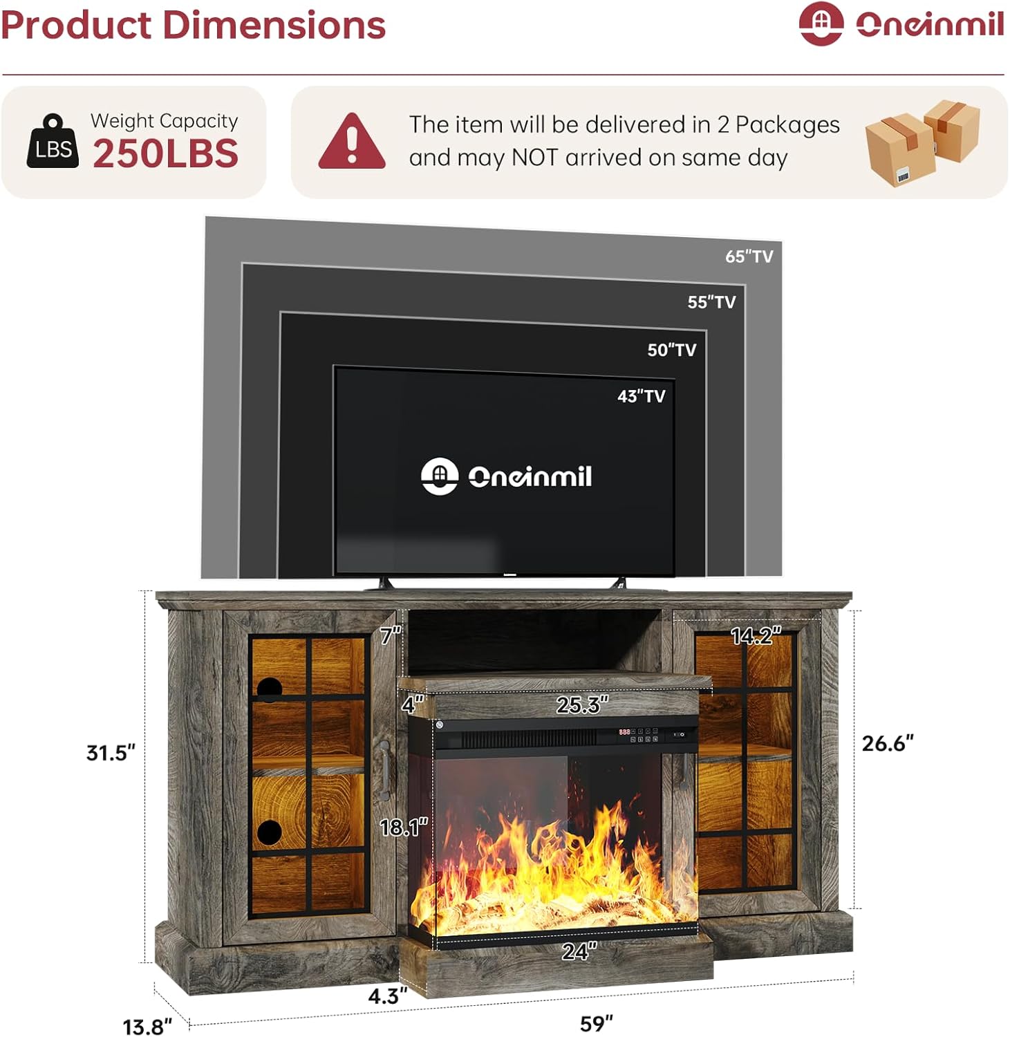 oneinmil 59'' Fireplace TV Stand, 3 Sided Glass Media Entertainment Center Console Table for TVs up to 65'' with Glass Door Adjustable Flame LED Color for Living Room, Set of TV Table, White
