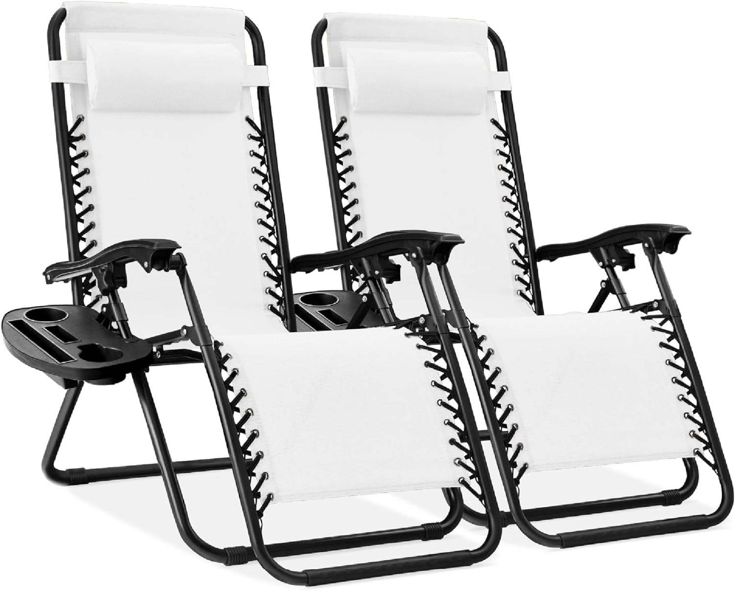 Best Choice Products Set of 2 Adjustable Steel Mesh Zero Gravity Lounge Chair Recliners w/Pillows and Cup Holder Trays - Beige