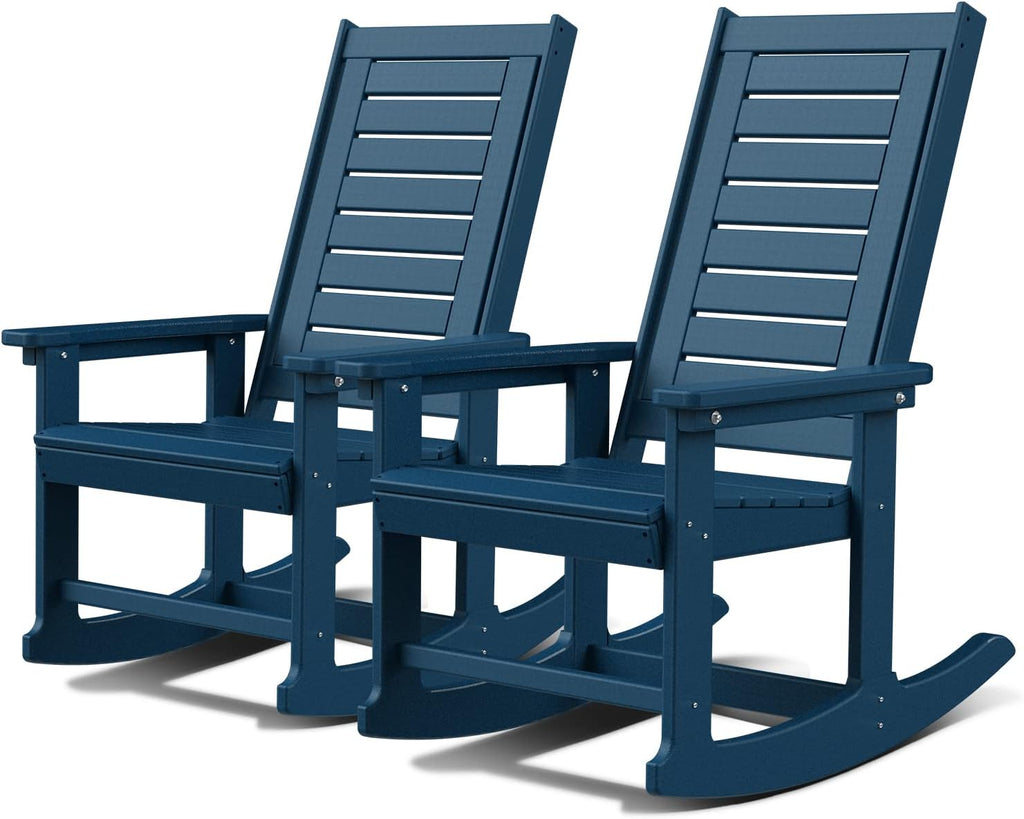 GREENVINES Outdoor Rocking Chairs | Set of 2 | Porch Rocker | HDPE Plastic | Black | Oversized Rockers | High Back | Big & Tall | Ladder Back | for Patio Outside Backyard Balcony Garden