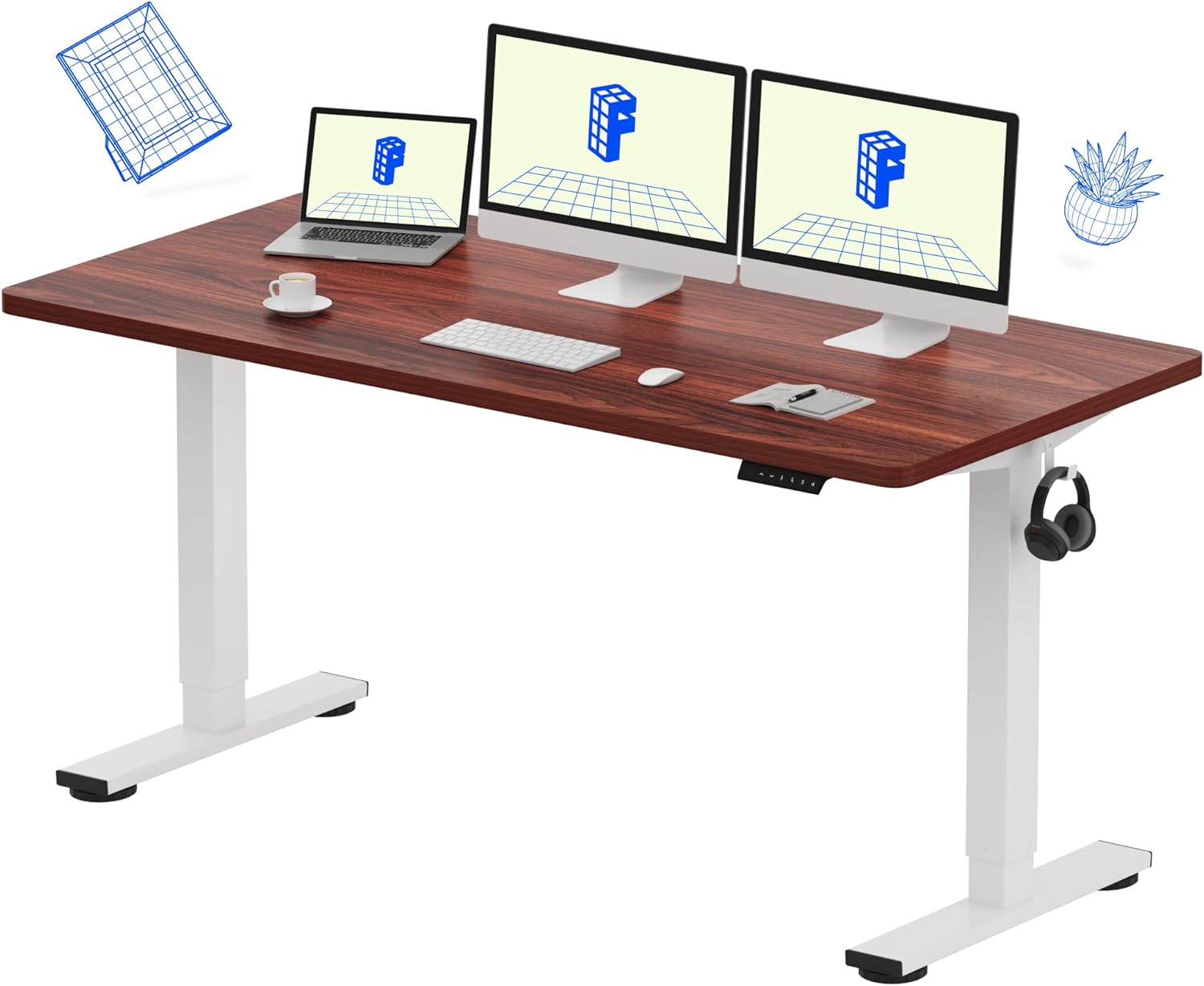 FLEXISPOT EN1 One-Piece Standing Desk 55 x 28 Inch Electric Adjustable Height Desk for Home Office and Computer Workstation (White Frame + 55" Maple Top, 2 Packages)