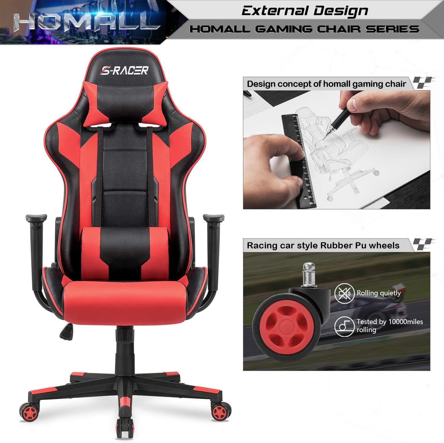 Homall Gaming Chair, Office Chair High Back Computer Chair Leather Desk Chair Racing Executive Ergonomic Adjustable Swivel Task Chair with Headrest and Lumbar Support (Dark Black)