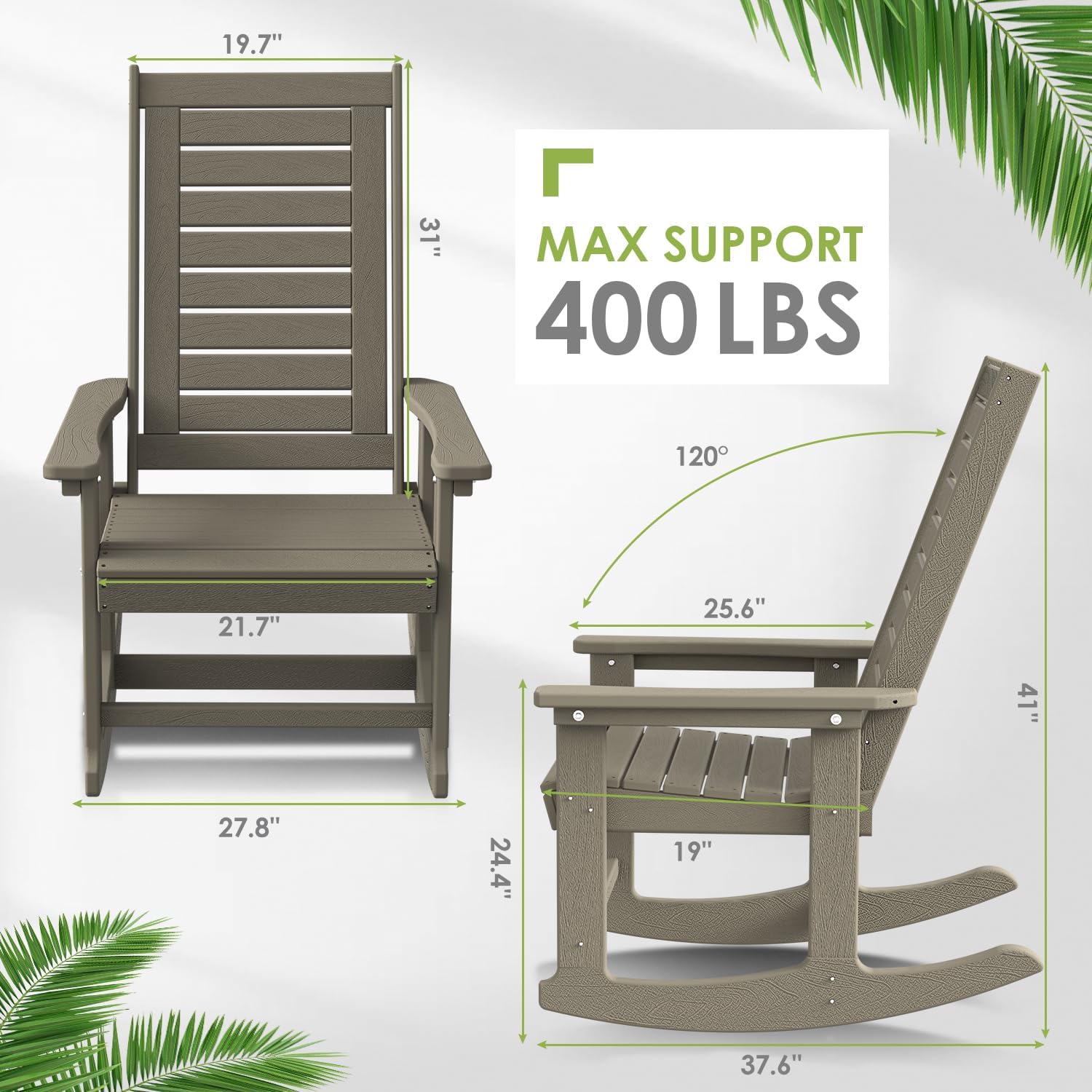 GREENVINES Outdoor Rocking Chairs | Set of 2 | Porch Rocker | HDPE Plastic | Black | Oversized Rockers | High Back | Big & Tall | Ladder Back | for Patio Outside Backyard Balcony Garden