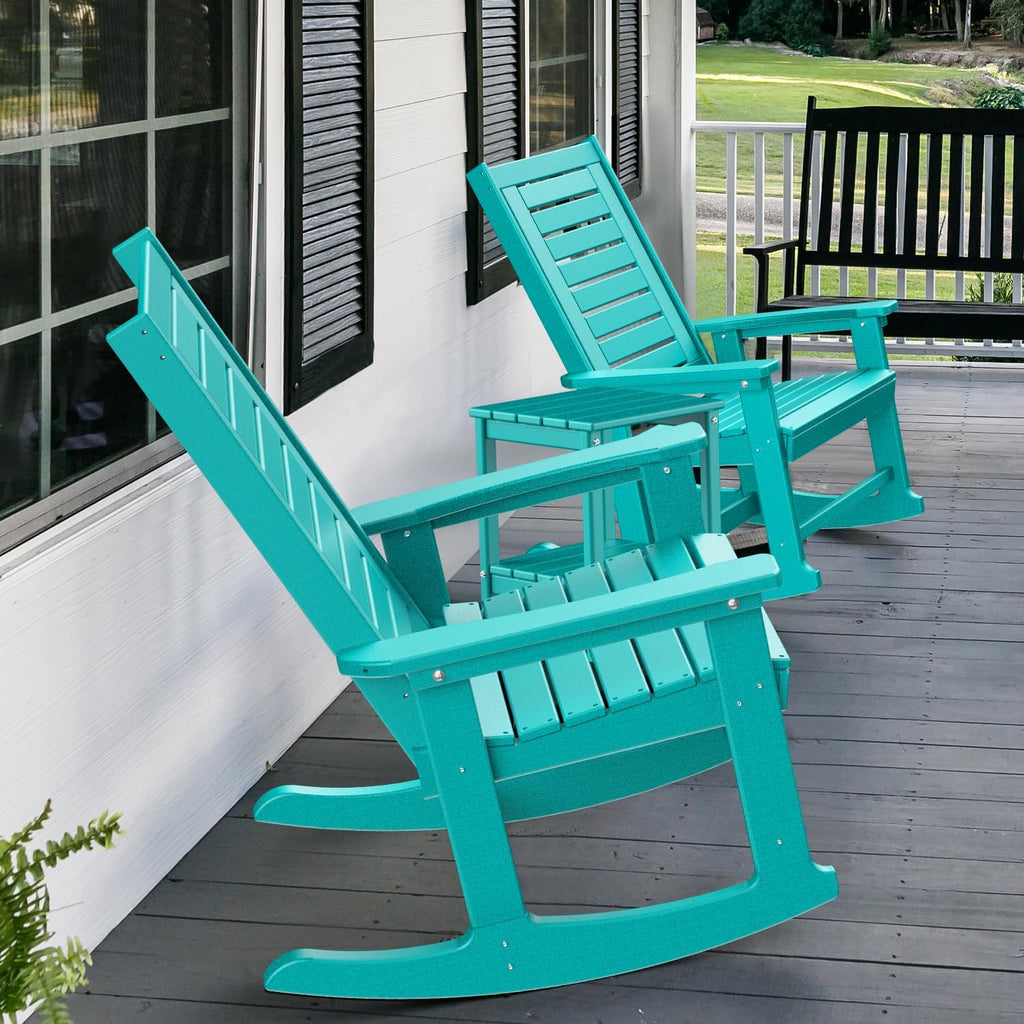 GREENVINES Outdoor Rocking Chairs | Set of 2 | Porch Rocker | HDPE Plastic | Black | Oversized Rockers | High Back | Big & Tall | Ladder Back | for Patio Outside Backyard Balcony Garden