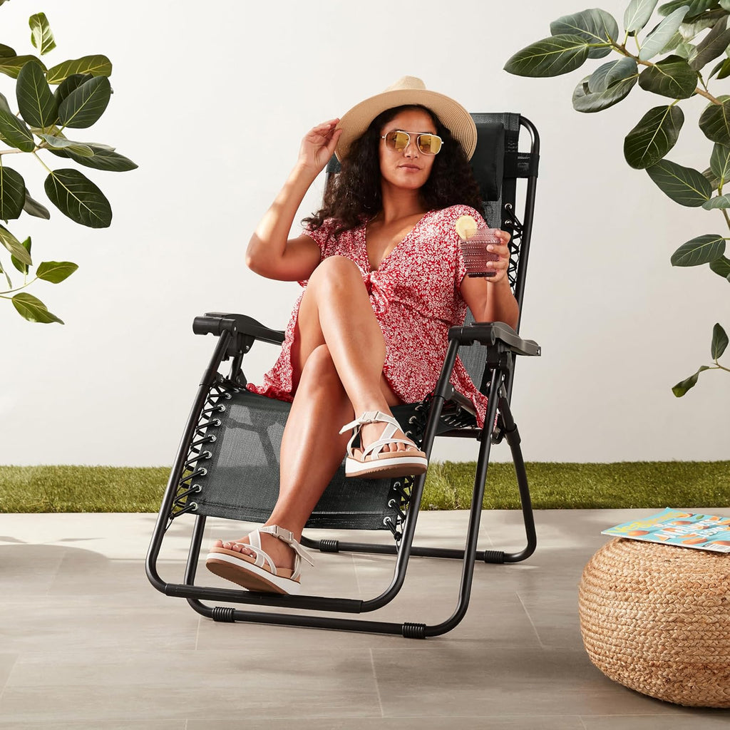 Basics Outdoor Textilene Adjustable Zero Gravity Folding Reclining Lounge Chair with Pillow, 26", Navy Blue