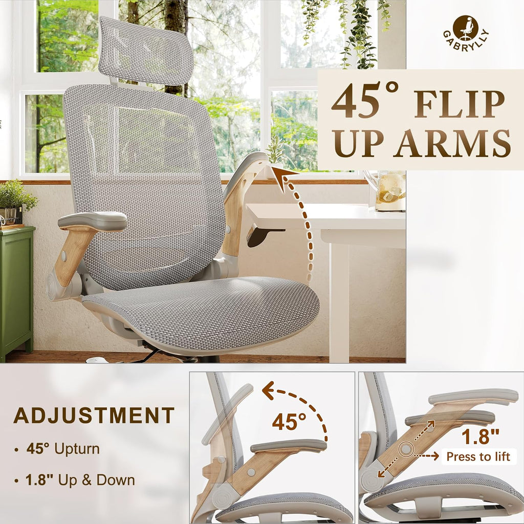 GABRYLLY Ergonomic Office Chair, High Back Home Desk Chair with Headrest, Flip-Up Arms, 90-120° Tilt Lock and Wide Cushion, Big and Tall Mesh Chairs for Man Woman, Grey Task Chair