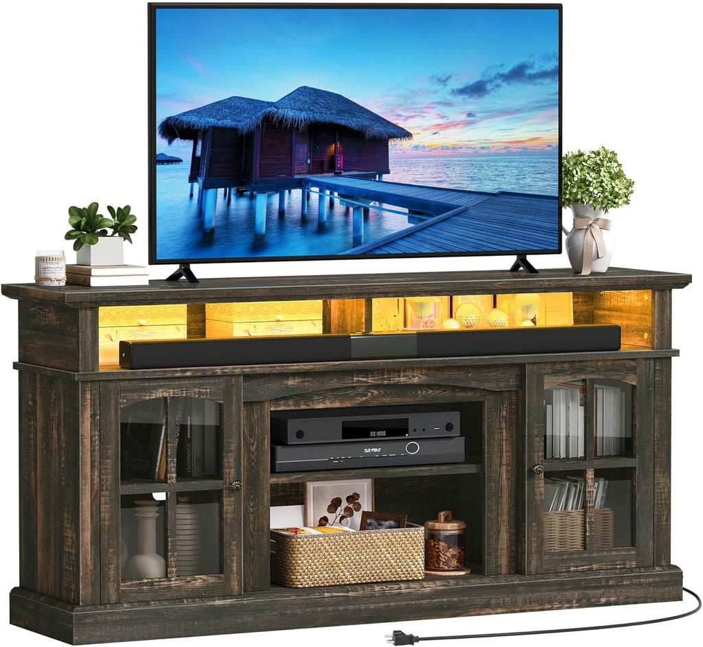 LED Farmhouse TV Stand for TV up to 75" w/Outlets, Highboy Media Entertainment Center Console Table Adjustable Storage Shelves &Cabinet Glass Door for 400lbs for Living Room