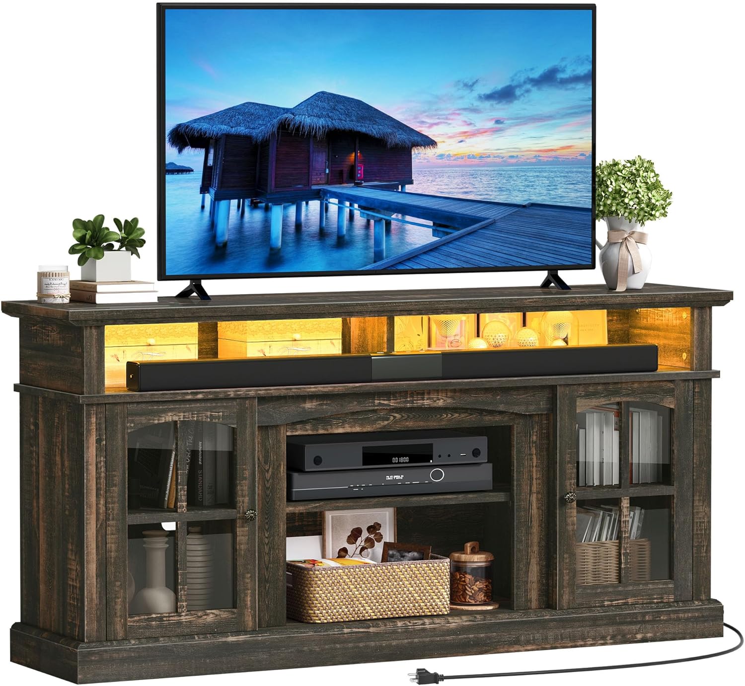 LED Farmhouse TV Stand for TV up to 75" w/Outlets, Highboy Media Entertainment Center Console Table Adjustable Storage Shelves &Cabinet Glass Door for 400lbs for Living Room