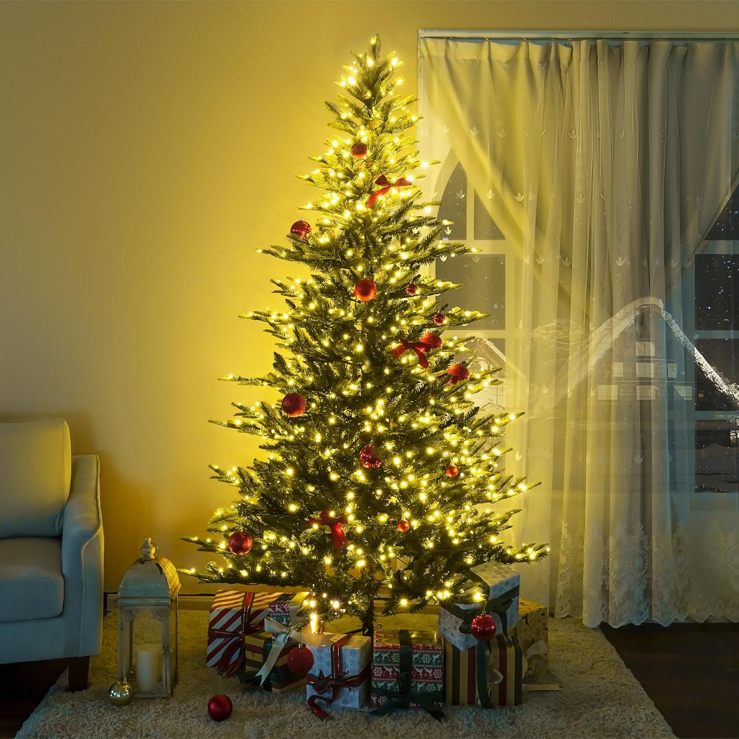 Naomi Home 6.5ft Rustic Christmas Tree with Lights, Realistic Classic Prelit with 2595 Branch Tips, 600 Warm Lights and Metal Stand, Aritificial Tree