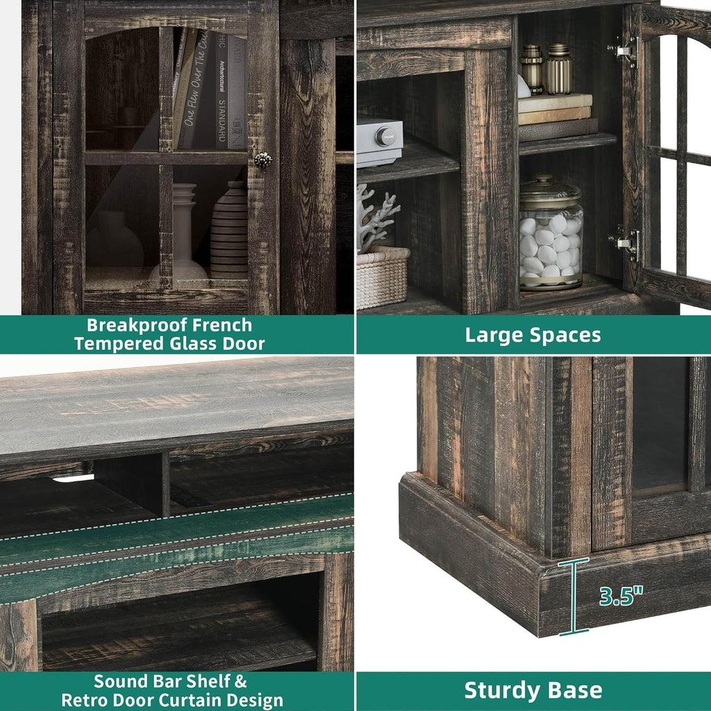LED Farmhouse TV Stand for TV up to 75" w/Outlets, Highboy Media Entertainment Center Console Table Adjustable Storage Shelves &Cabinet Glass Door for 400lbs for Living Room