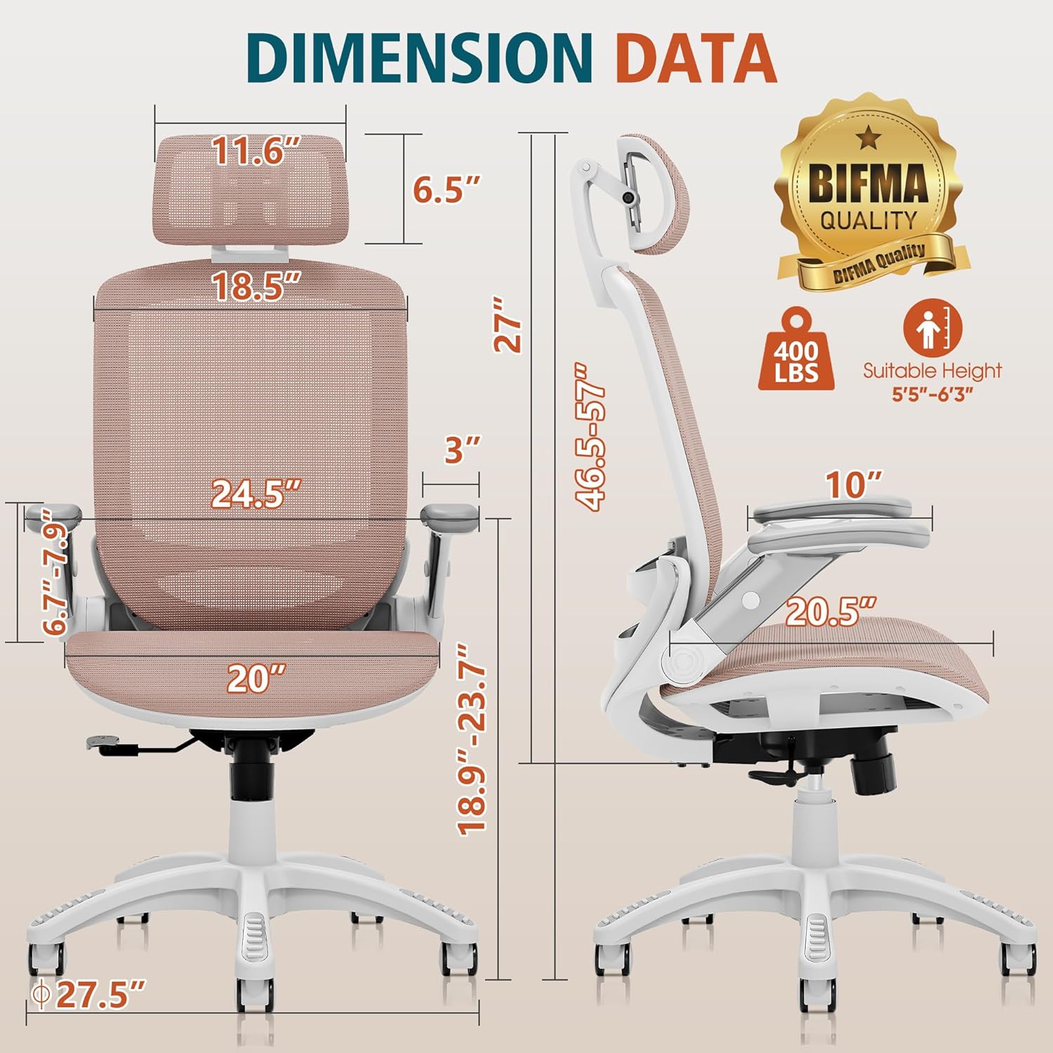 GABRYLLY Ergonomic Office Chair, High Back Home Desk Chair with Headrest, Flip-Up Arms, 90-120° Tilt Lock and Wide Cushion, Big and Tall Mesh Chairs for Man Woman, Grey Task Chair