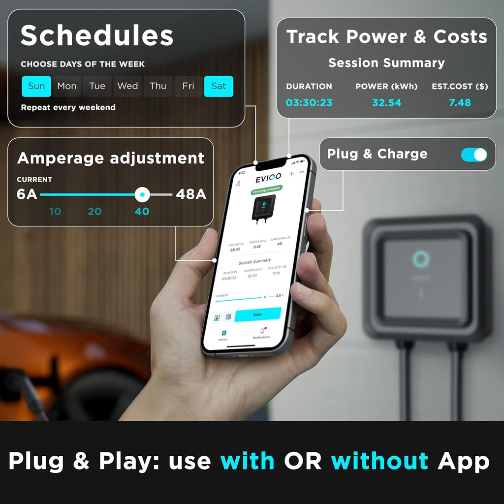 EVIQO Level 2 EV Charger 40 Amp - 9.6 kW 240V Wall EV Charger Level 2 for Home, NEMA 14-50 Plug, J1772 25' Cable, Enhanced Wi-Fi – UL, ETL Certified EVSE, Smart Car EV Charging Station – GEN 2