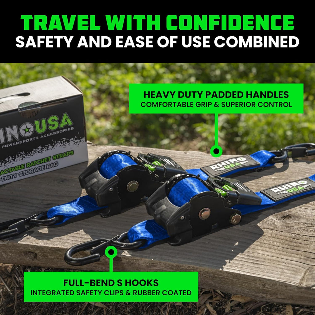 Rhino USA Retractable Ratchet Straps (2-Pack) - 2 Inch x 10 Feet (3,033lb Break Strength) - Heavy Duty Auto Self Retracting Tie Down Straps for Truck, Cargo Trailer, Motorcycle, Rad & More - Orange