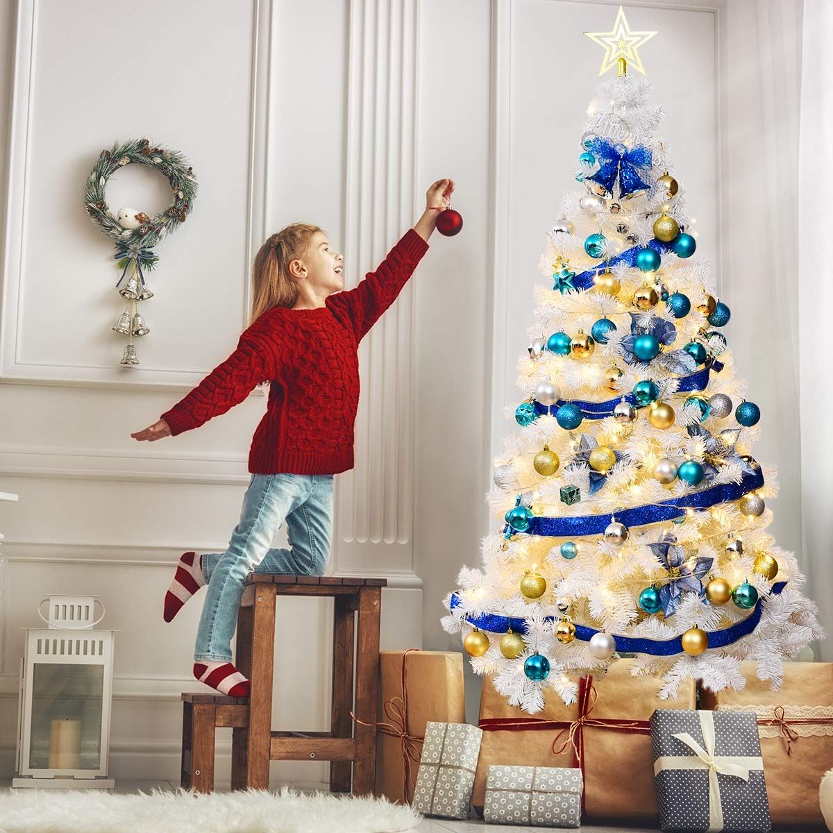 Goplus 7ft Artificial White Christmas Tree Xmas Pine Tree with Solid Metal Legs Perfect for Indoor and Outdoor Holiday Decoration