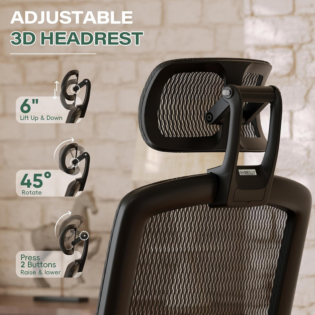 GABRYLLY Ergonomic Office Chair, High Back Home Desk Chair with Headrest, Flip-Up Arms, 90-120° Tilt Lock and Wide Cushion, Big and Tall Mesh Chairs for Man Woman, Grey Task Chair