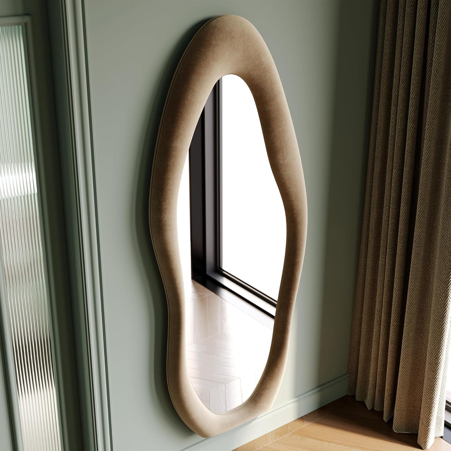 Honyee Full Length Mirror, 63" x 24" Wall Mirror, Flannel Wrapped Wooden Frame Full Body Mirror, Irregular Wavy Mirror Hanging or Leaning Against Wall for Cloakroom/Bedroom/Living Room, Ivory White