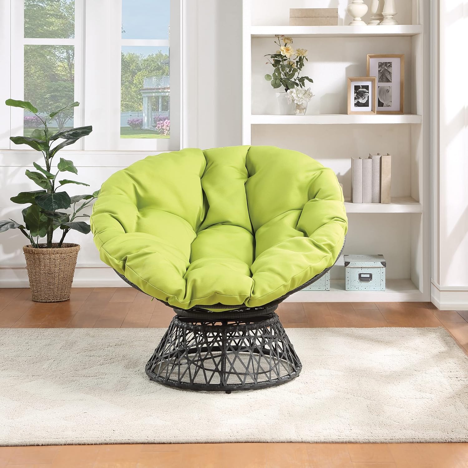 OSP Home Furnishings Wicker Papasan Chair with 360-Degree Swivel, Brown Frame with Brown Cushion
