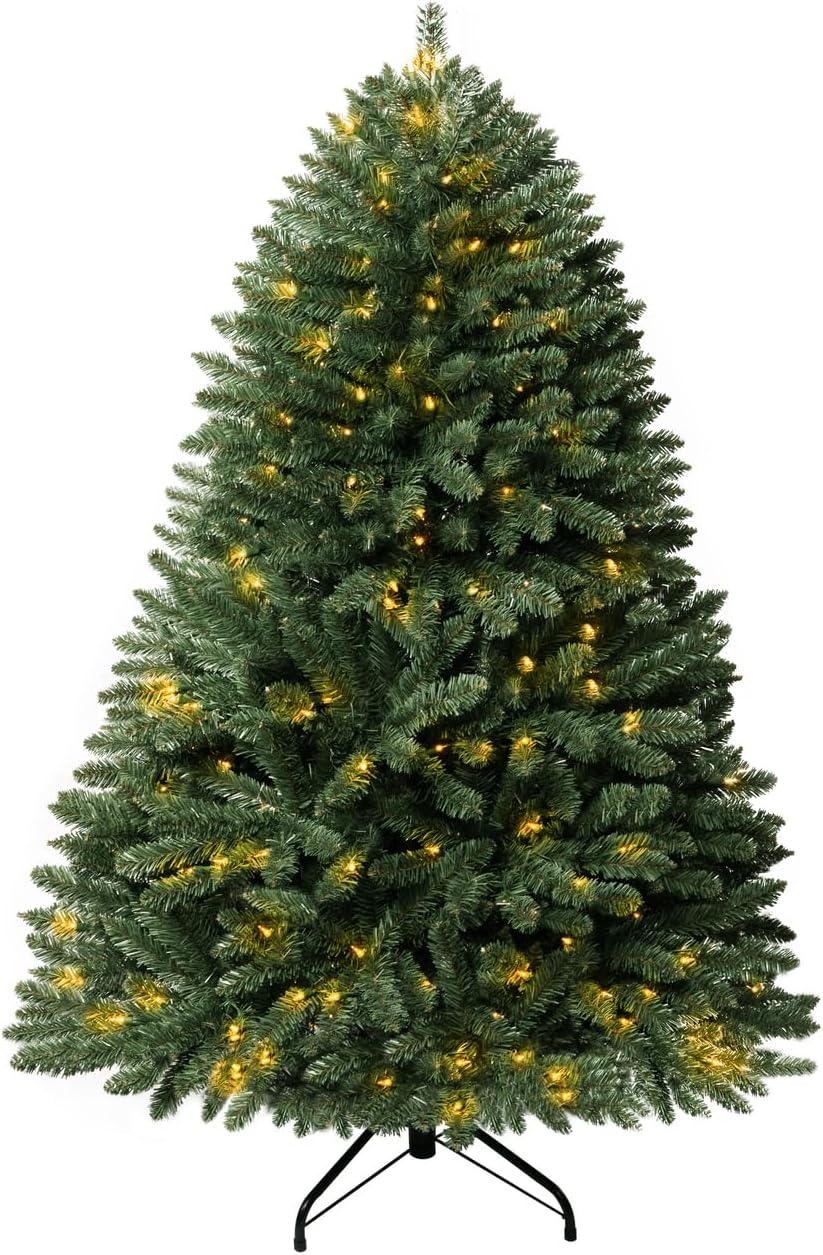 Naomi Home 6.5ft Rustic Christmas Tree with Lights, Realistic Classic Prelit with 2595 Branch Tips, 600 Warm Lights and Metal Stand, Aritificial Tree