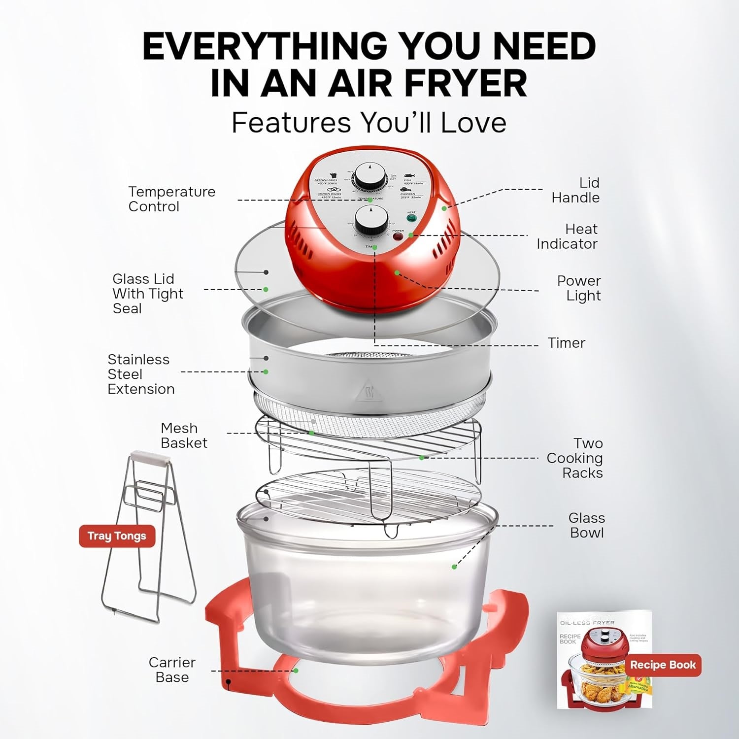 Large Air Fryer Oven – Large Halogen Oven Cooker with 50+ Air Fryers Recipe Book for Quick + Easy Meals for Entire Family, AirFryer Oven Makes Healthier Crispy Foods
