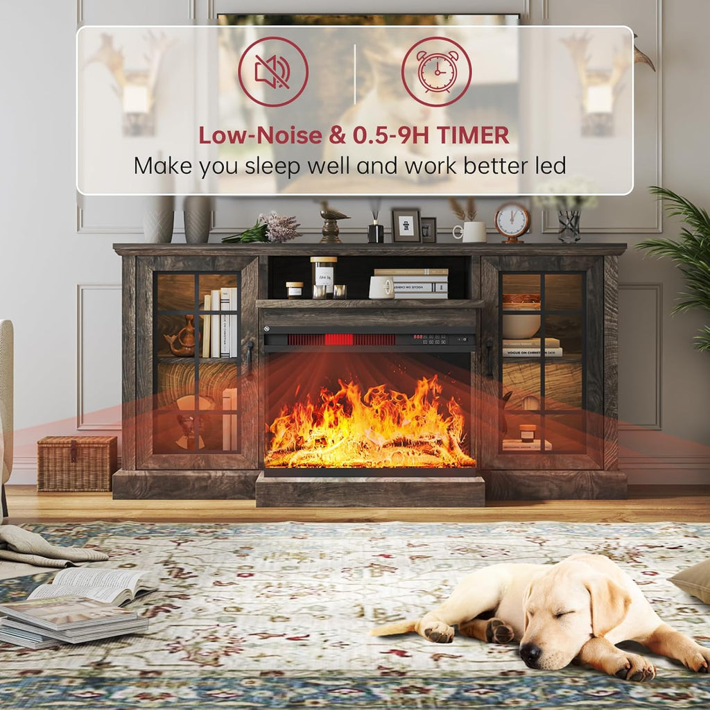 oneinmil 59'' Fireplace TV Stand, 3 Sided Glass Media Entertainment Center Console Table for TVs up to 65'' with Glass Door Adjustable Flame LED Color for Living Room, Set of TV Table, White