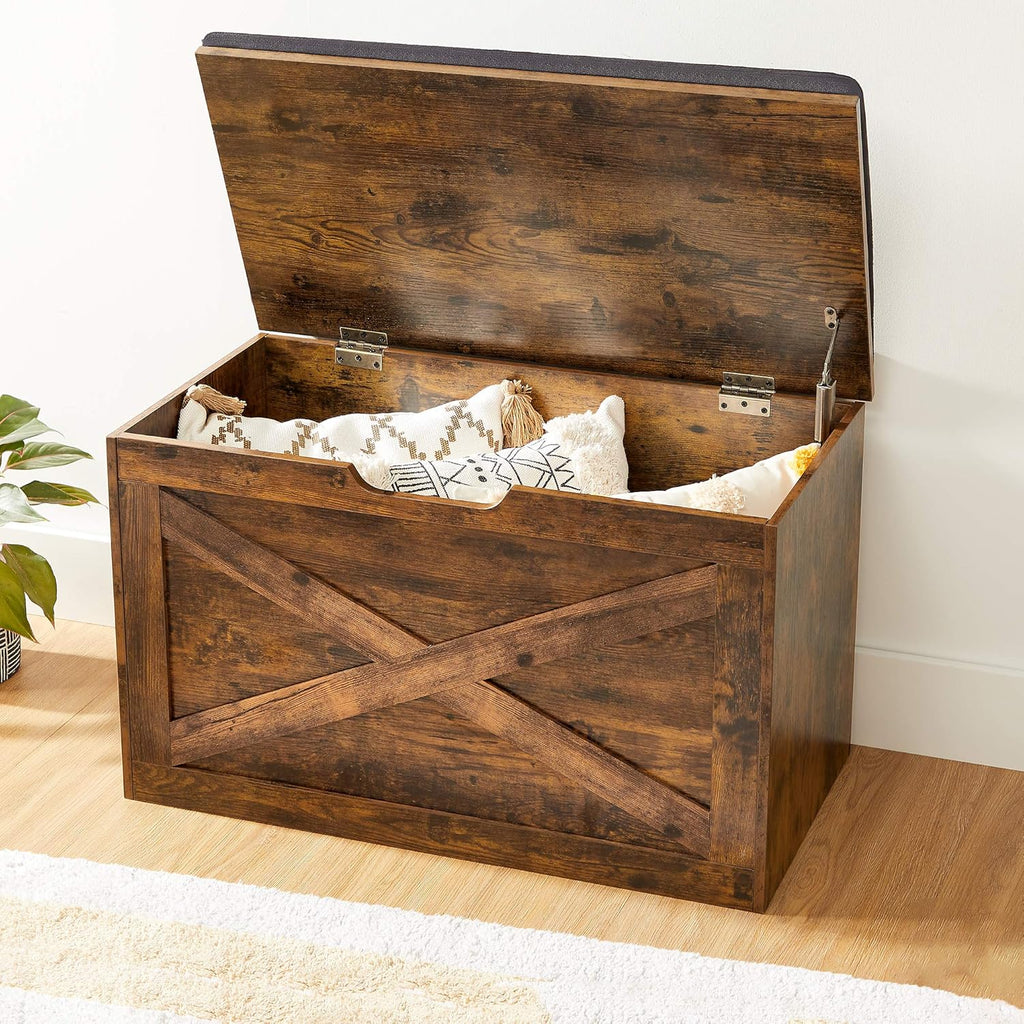 VASAGLE Shoe Bench, Storage Bench with Cupboard and 9 Open Compartments, Shoe Shelf, Padded Seat, Barn Door, 11.8 x 43.3 x 18.9 Inches, Rustic Brown ULHS058X01
