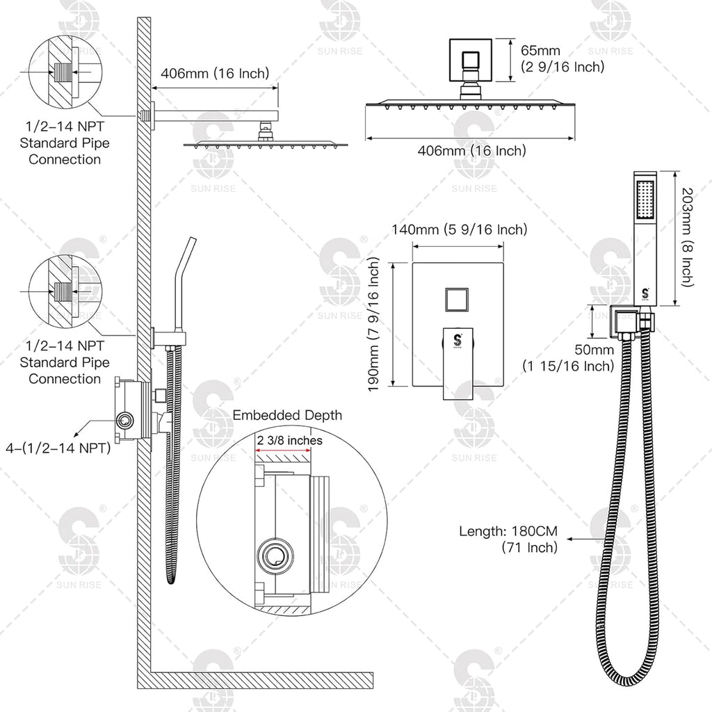 SR SUN RISE 12 Inches Matte Black Shower System 12 Inch Brass Bathroom Luxury Rain Mixer Shower Combo Set Wall Mounted Rainfall Shower Head System Shower Faucet Rough-in Valve Body and Trim Included