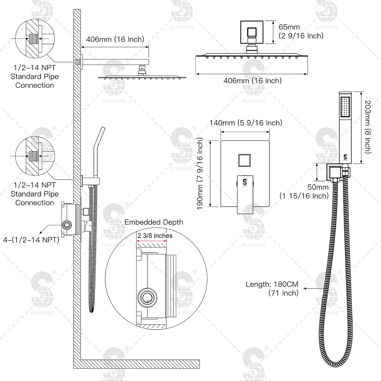 SR SUN RISE 12 Inches Matte Black Shower System 12 Inch Brass Bathroom Luxury Rain Mixer Shower Combo Set Wall Mounted Rainfall Shower Head System Shower Faucet Rough-in Valve Body and Trim Included