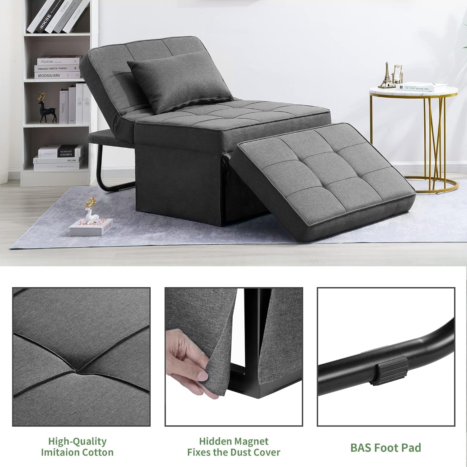 Sofa Bed, 4 in 1 Multi-Function Folding Ottoman Breathable Linen Couch Bed with Adjustable Backrest Modern Convertible Chair for Living Room Apartment Office