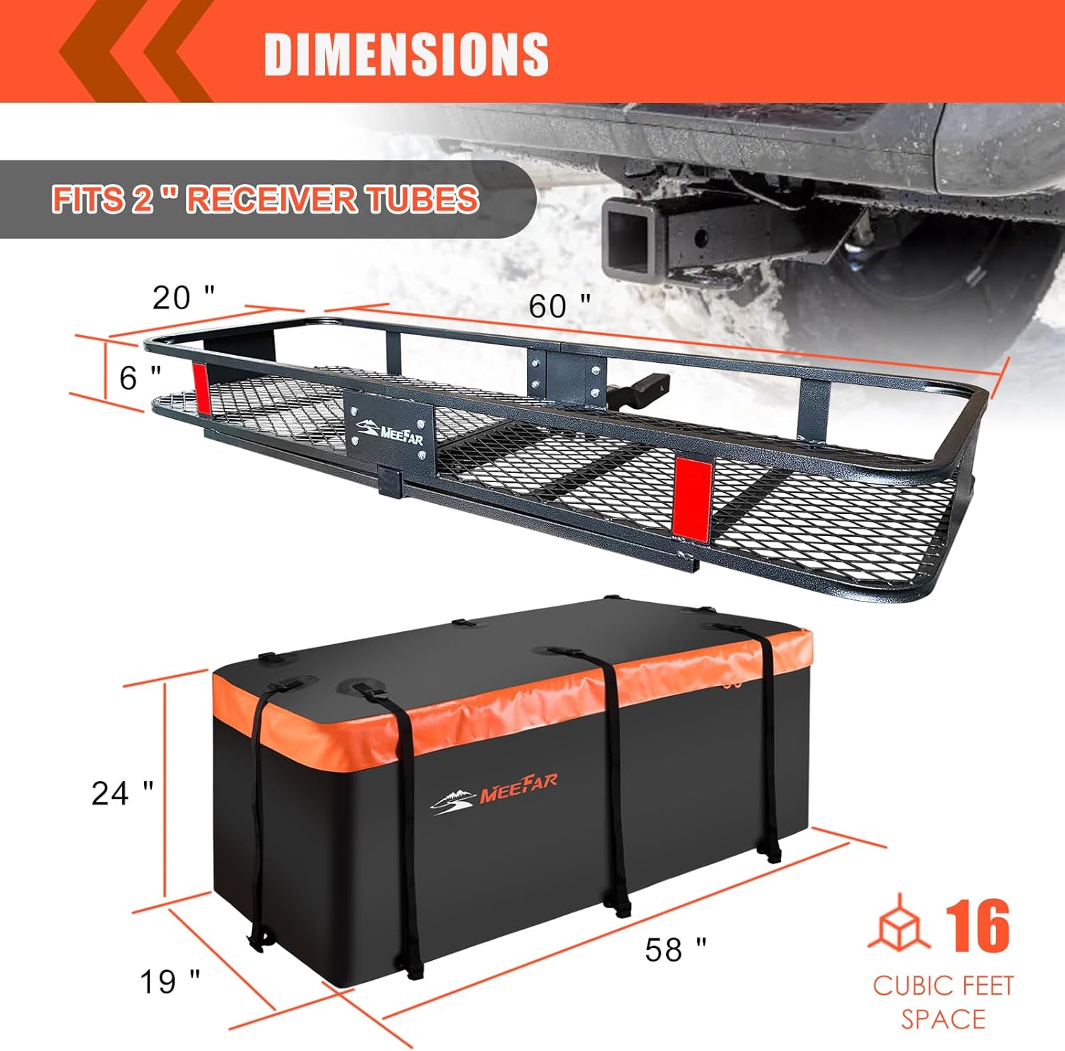 MeeFar High Rail Trailer Folding Hitch Mount Cargo Carrier Basket 60" X 24" X 14"+Waterproof Cargo Bag 20 cu ft(59" 24" 24"), Capacity of 500 Lbs with Hitch Stabilizer, Net, Lock and Straps