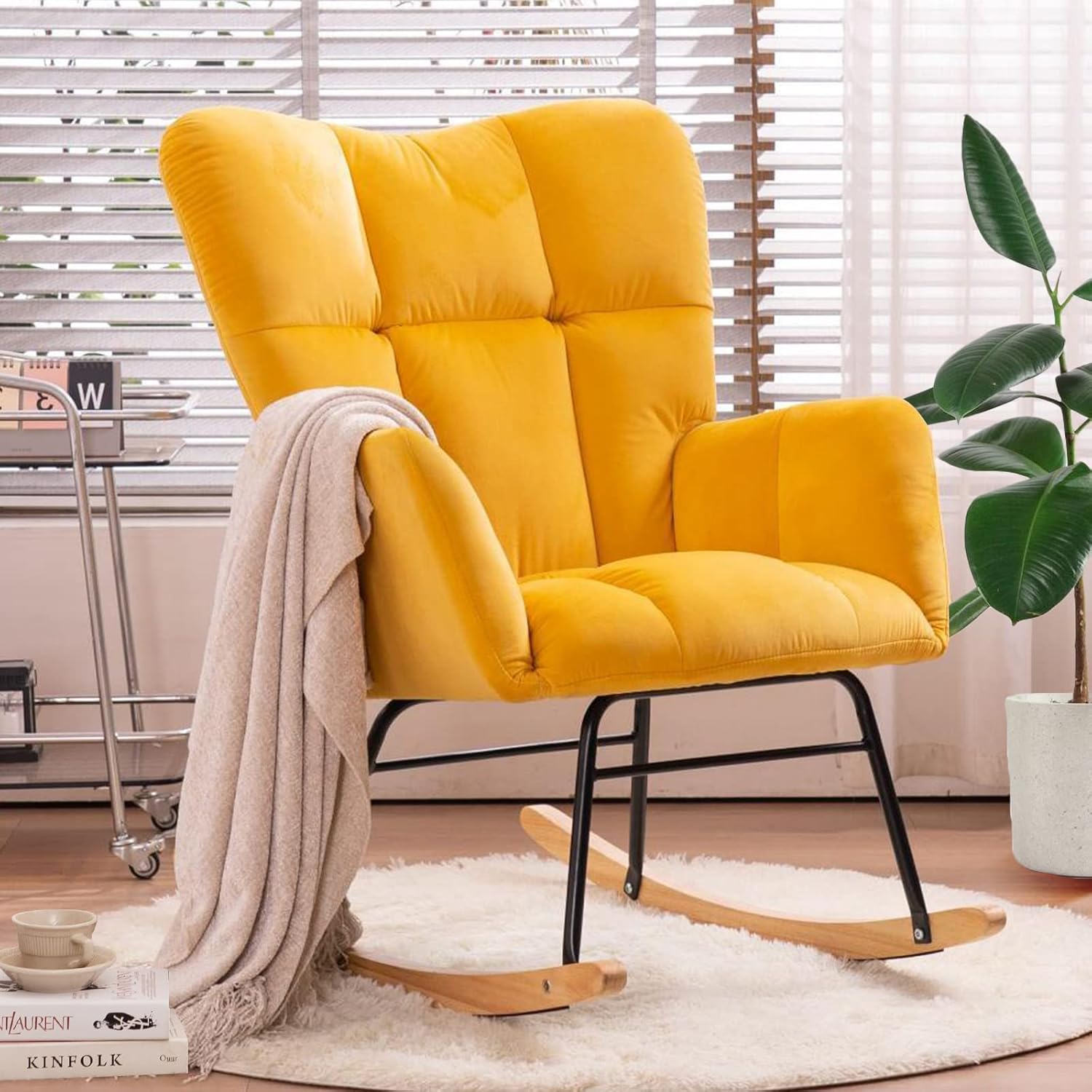 NIOIIKIT Nursery Rocking Chair Teddy Upholstered Glider Rocker Rocking Accent Chair Padded Seat with High Backrest Armchair Comfy Side Chair for Living Room Bedroom Offices (Ivory Teddy)