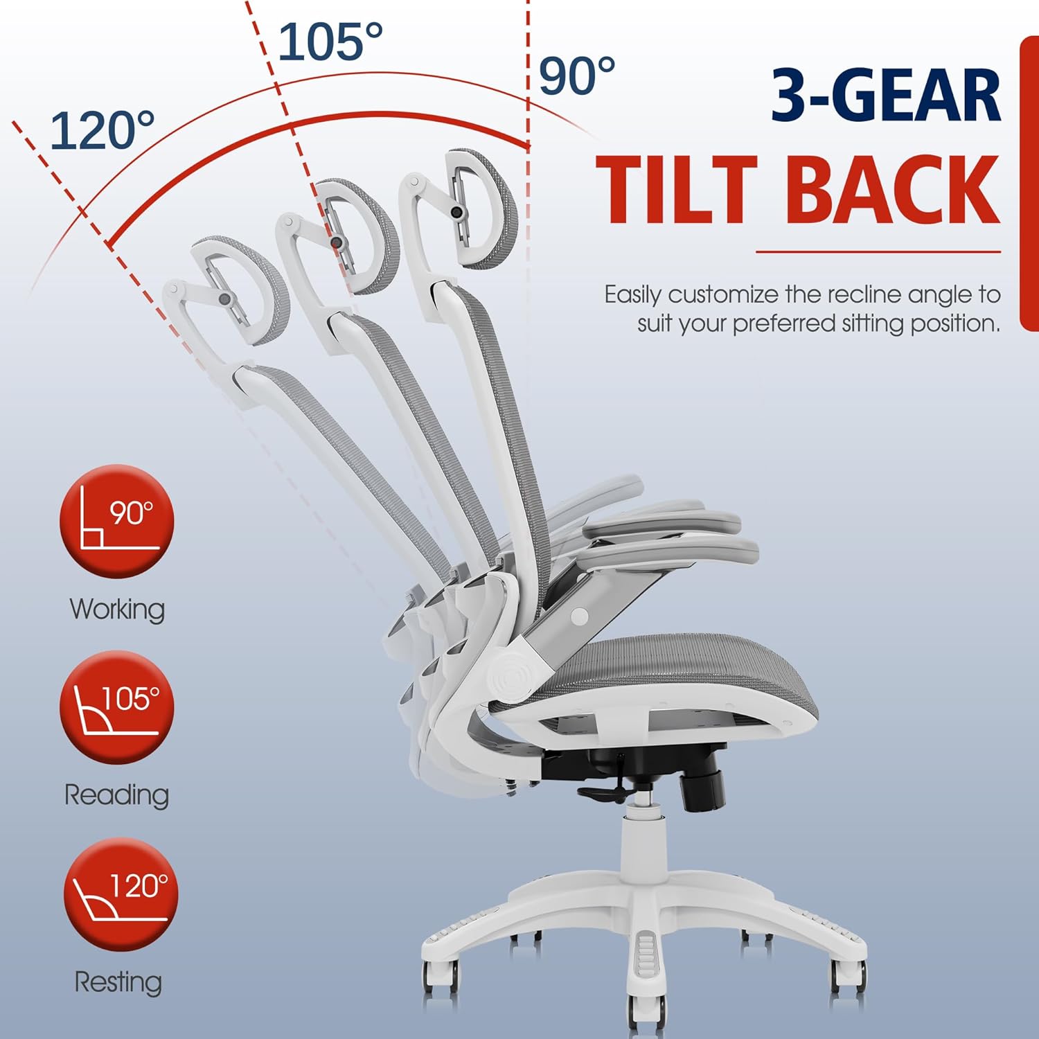 GABRYLLY Ergonomic Office Chair, High Back Home Desk Chair with Headrest, Flip-Up Arms, 90-120° Tilt Lock and Wide Cushion, Big and Tall Mesh Chairs for Man Woman, Grey Task Chair