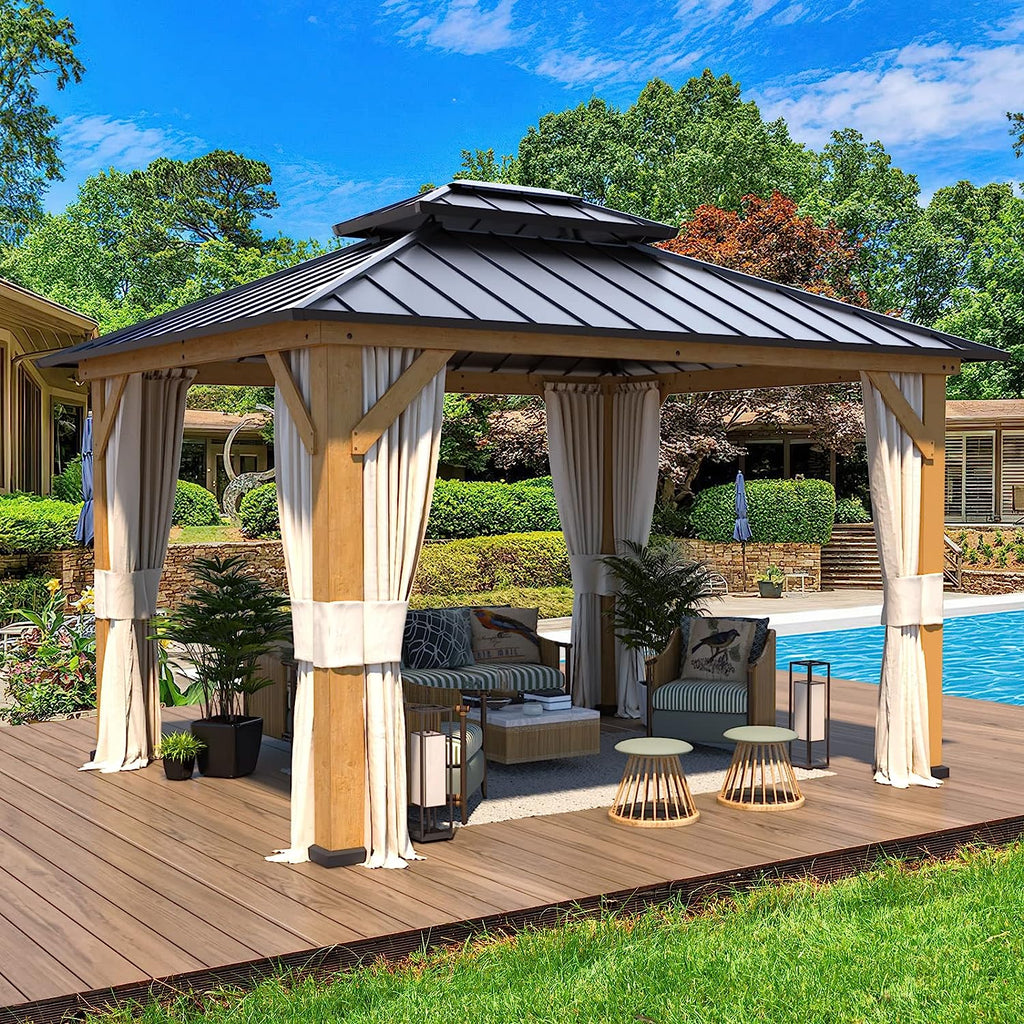 💝Clearance sale✨11′ft x 13′ft Solid Wood Gazebo， With Privacy Curtain And Mosquito Net（brown）