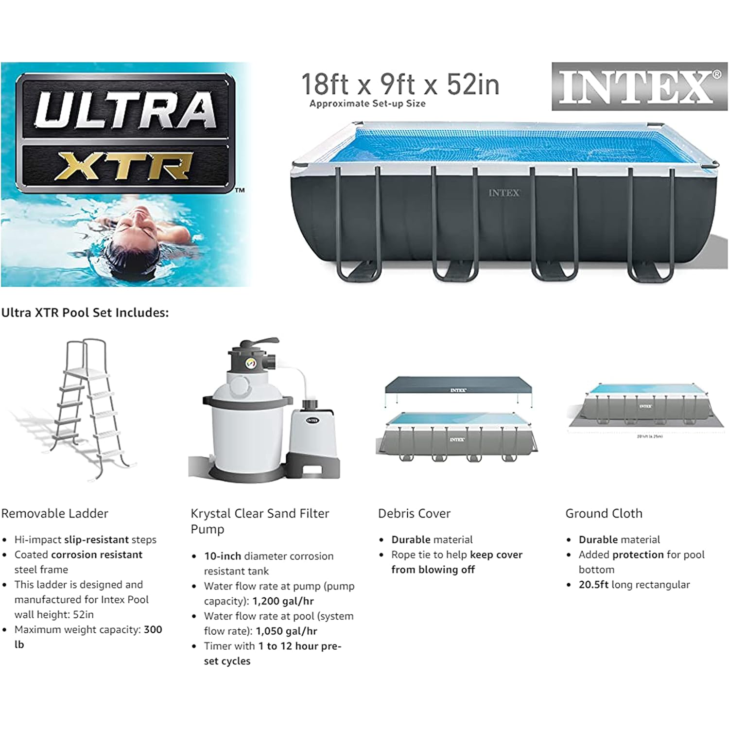 Intex 18' x 9' x 52" Ultra XTR Rectangular Frame Swimming Pool Set with Pump - Above Ground Backyard Large Rectangle Pool with 45-Inch Deep Water
