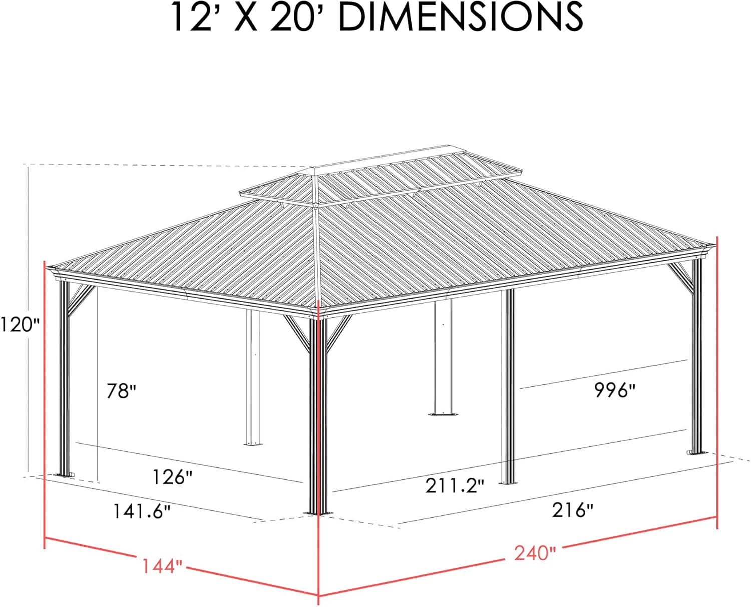 Kozyard Alexander 10' X 12' Hardtop, Aluminum Metal Gazebo with Galvanized Steel Double Roof Canopy, Curtain and Netting, Permanent Pavilion for Patio, Backyard, Deck, Lawn (Gray)