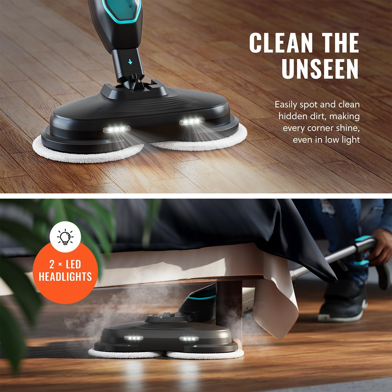 PurSteam ScrubMaster Steam Mop with Dual Scrubbing Head, LED Headlights, Adjustable Steam Control, Anti-Slip Swivel Head, Cable Holder & Upright Lock