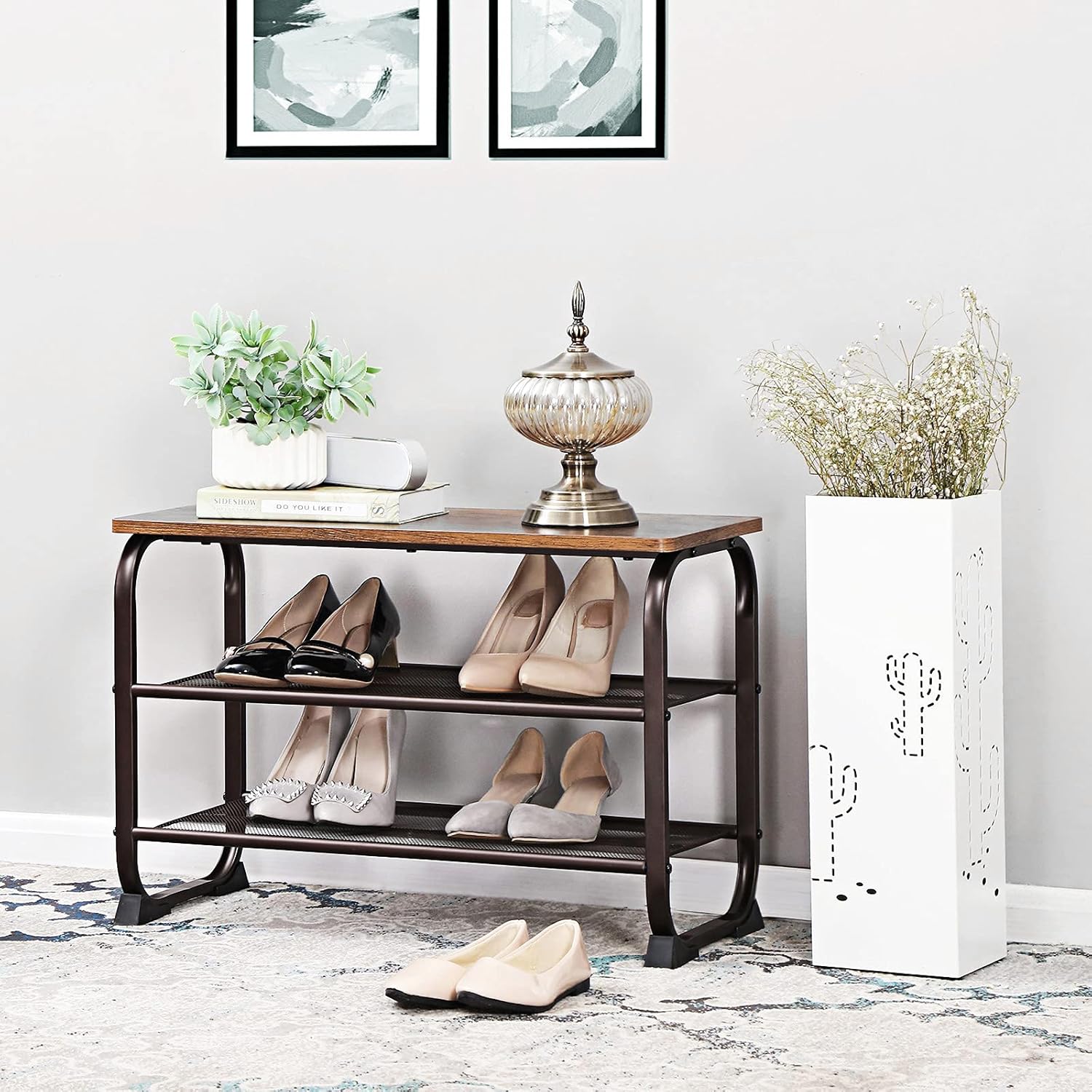 VASAGLE Shoe Bench, Storage Bench with Cupboard and 9 Open Compartments, Shoe Shelf, Padded Seat, Barn Door, 11.8 x 43.3 x 18.9 Inches, Rustic Brown ULHS058X01