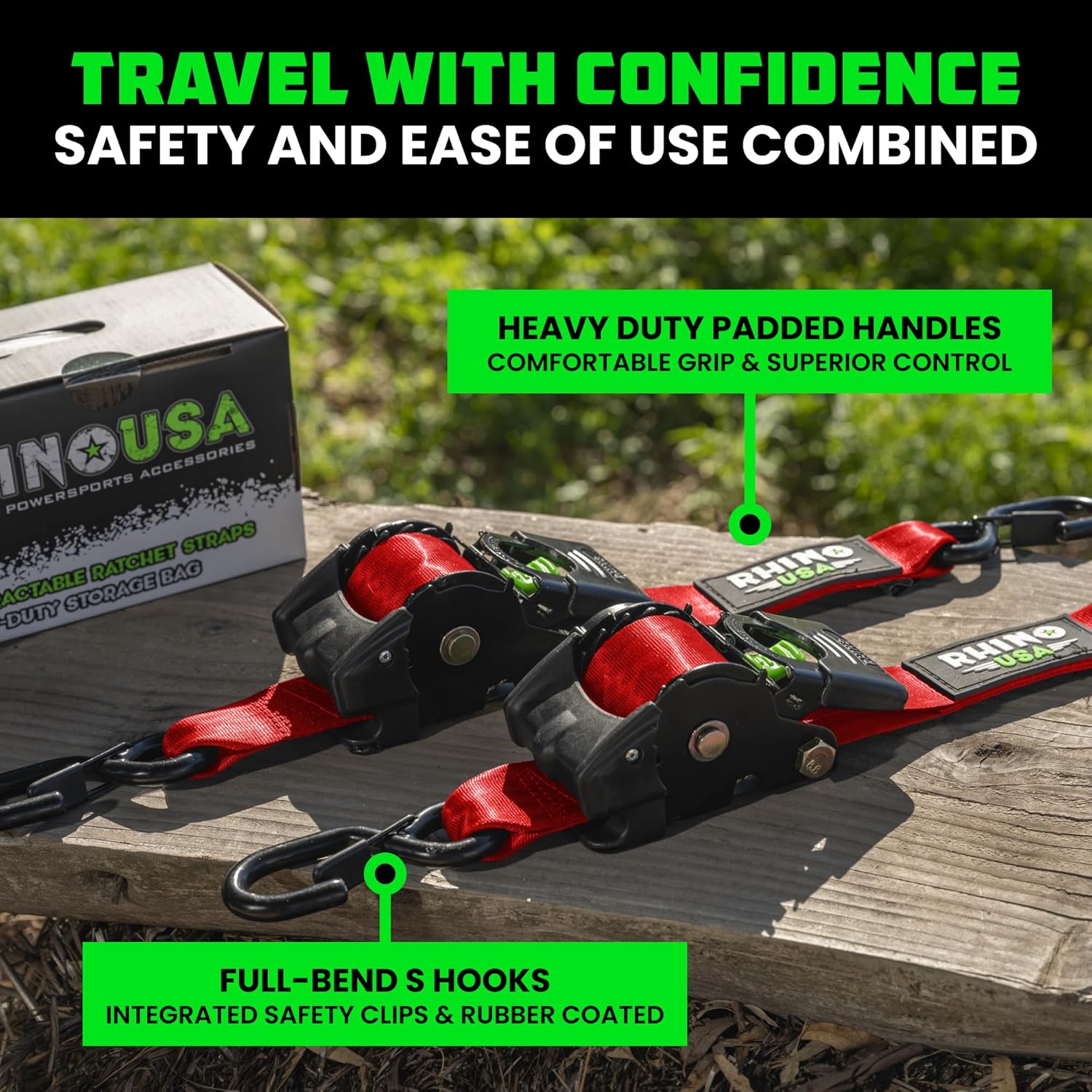 Rhino USA Retractable Ratchet Straps (2-Pack) - 2 Inch x 10 Feet (3,033lb Break Strength) - Heavy Duty Auto Self Retracting Tie Down Straps for Truck, Cargo Trailer, Motorcycle, Rad & More - Black