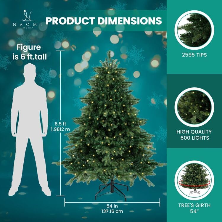 Naomi Home 6.5ft Rustic Christmas Tree with Lights, Realistic Classic Prelit with 2595 Branch Tips, 600 Warm Lights and Metal Stand, Aritificial Tree