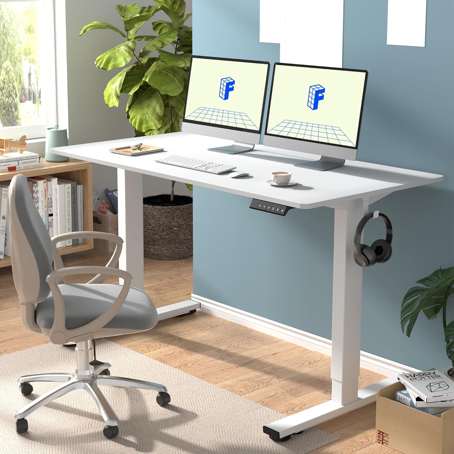 FLEXISPOT EN1 One-Piece Standing Desk 55 x 28 Inch Electric Adjustable Height Desk for Home Office and Computer Workstation (White Frame + 55" Maple Top, 2 Packages)