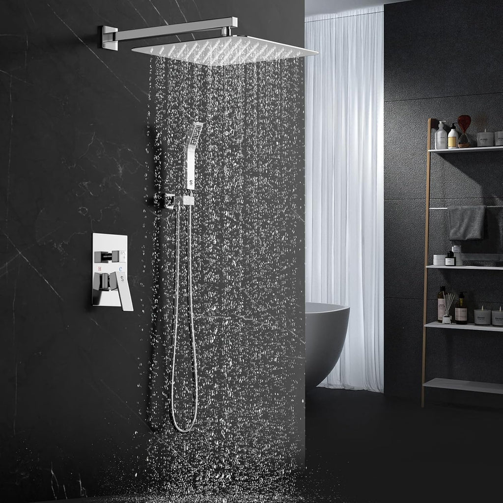 SR SUN RISE 12 Inches Matte Black Shower System 12 Inch Brass Bathroom Luxury Rain Mixer Shower Combo Set Wall Mounted Rainfall Shower Head System Shower Faucet Rough-in Valve Body and Trim Included