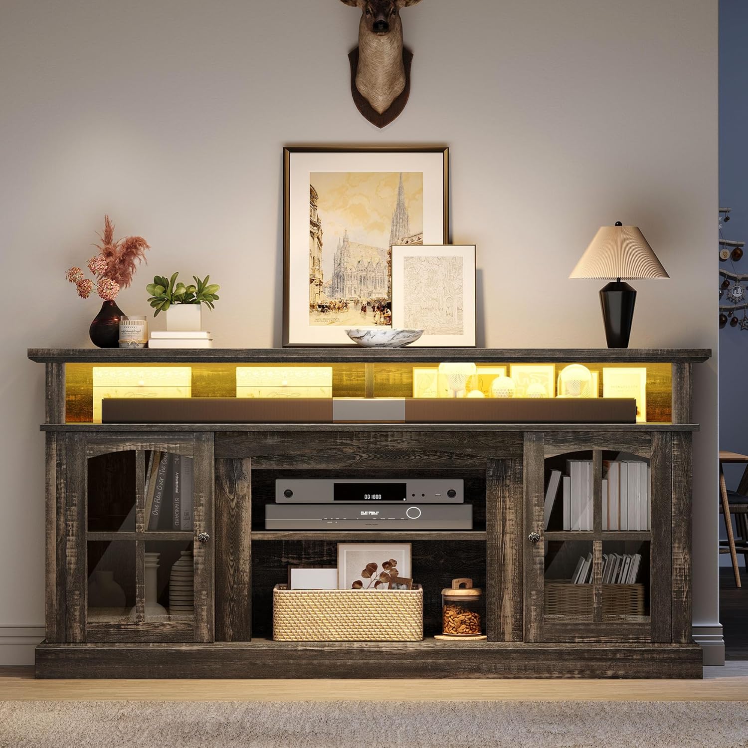 LED Farmhouse TV Stand for TV up to 75" w/Outlets, Highboy Media Entertainment Center Console Table Adjustable Storage Shelves &Cabinet Glass Door for 400lbs for Living Room