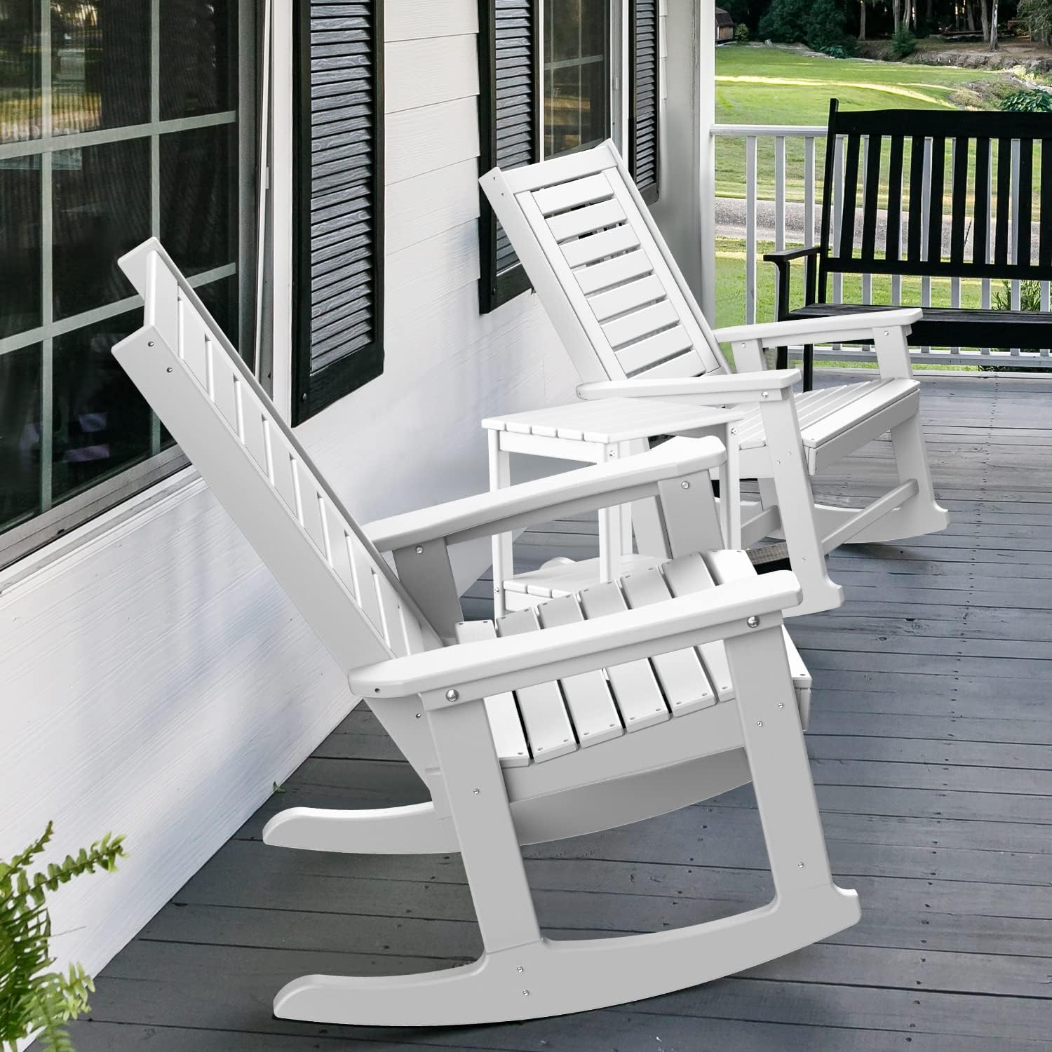 GREENVINES Outdoor Rocking Chairs | Set of 2 | Porch Rocker | HDPE Plastic | Black | Oversized Rockers | High Back | Big & Tall | Ladder Back | for Patio Outside Backyard Balcony Garden