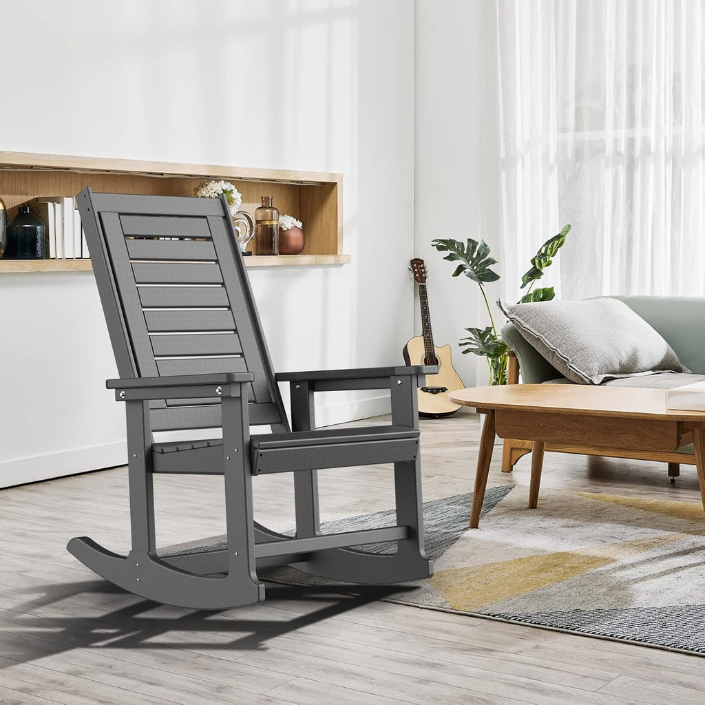 GREENVINES Outdoor Rocking Chairs | Set of 2 | Porch Rocker | HDPE Plastic | Black | Oversized Rockers | High Back | Big & Tall | Ladder Back | for Patio Outside Backyard Balcony Garden