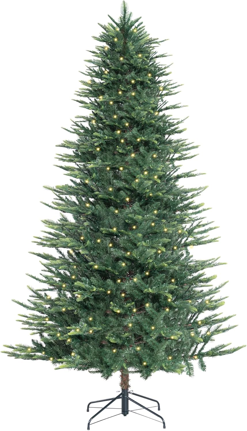 Naomi Home 6.5ft Rustic Christmas Tree with Lights, Realistic Classic Prelit with 2595 Branch Tips, 600 Warm Lights and Metal Stand, Aritificial Tree